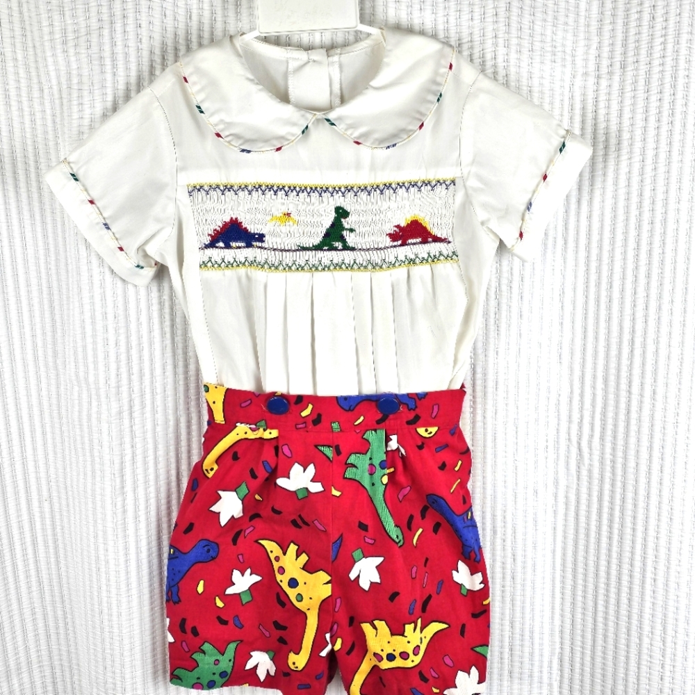 VTG Button-in Smocked‎ Dinosaur 2pc Outfit Colorful Dino Pleated